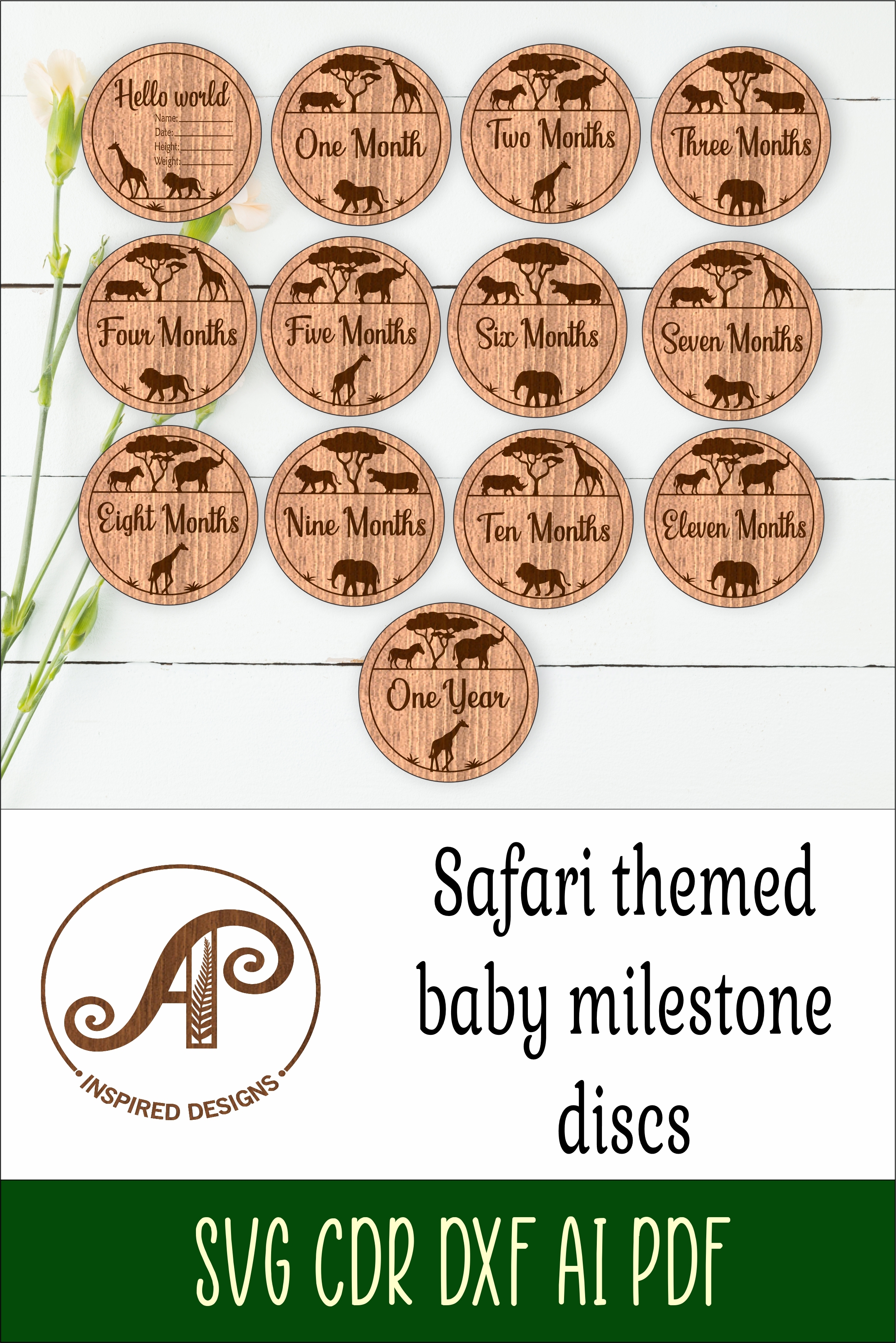 Safari animals themed Baby monthly milestone discs SVG laser