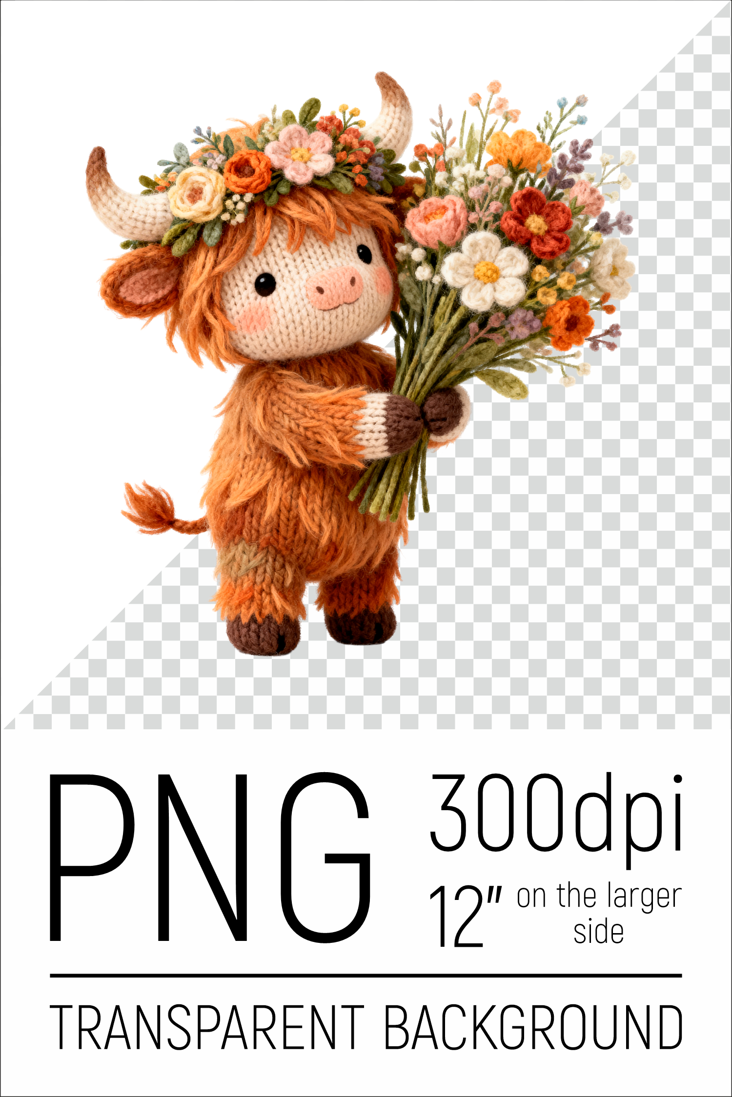 Knitted Baby Highland Cow with Flowers Clipart