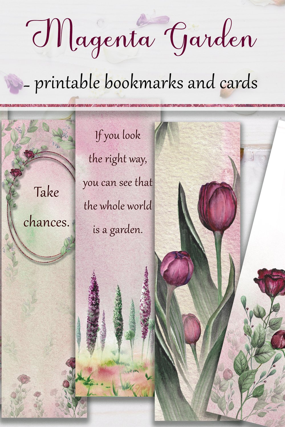 Magenta Garden, Printable Spring Bookmarks and Floral Cards