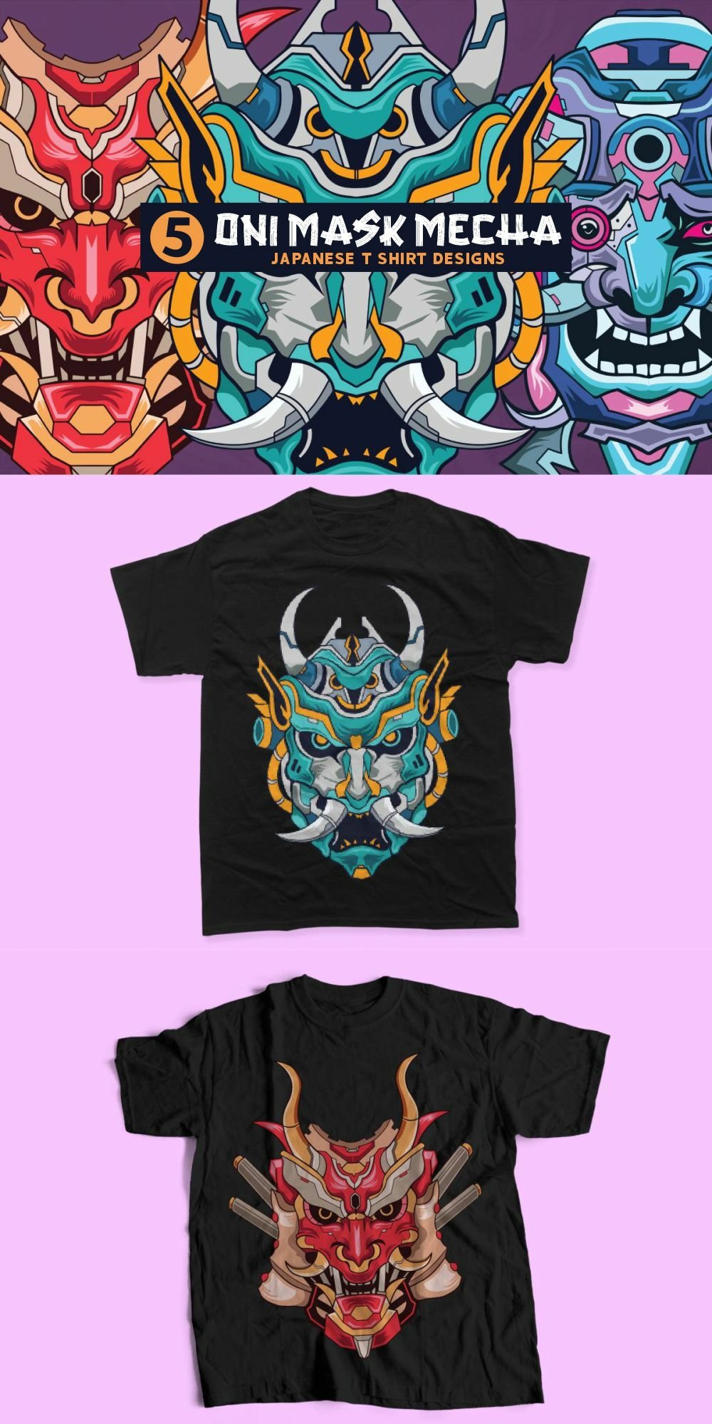 Oni Mask Mecha Japan Culture Vector T-shirt Designs Bundle, image size:1000x2000