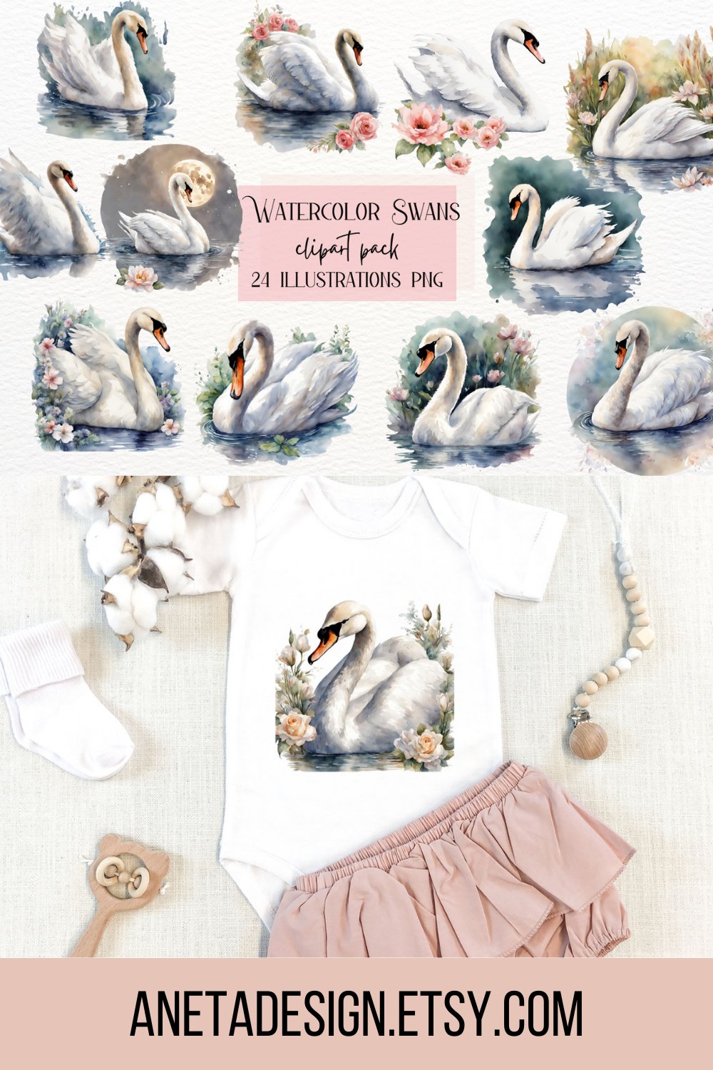 Watercolor Swans, Sweet Baby Swan Clipart
