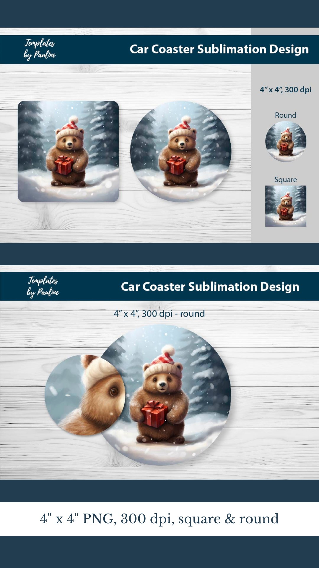 Cute Christmas Bear Car Coaster Sublimation Design