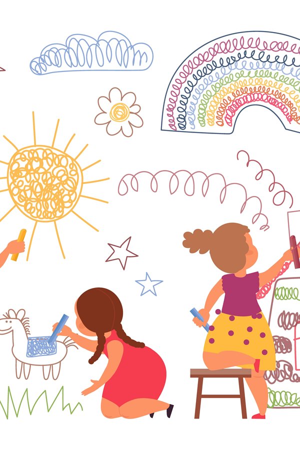 Kids painting on wall. Cute preschool girl, children with cr