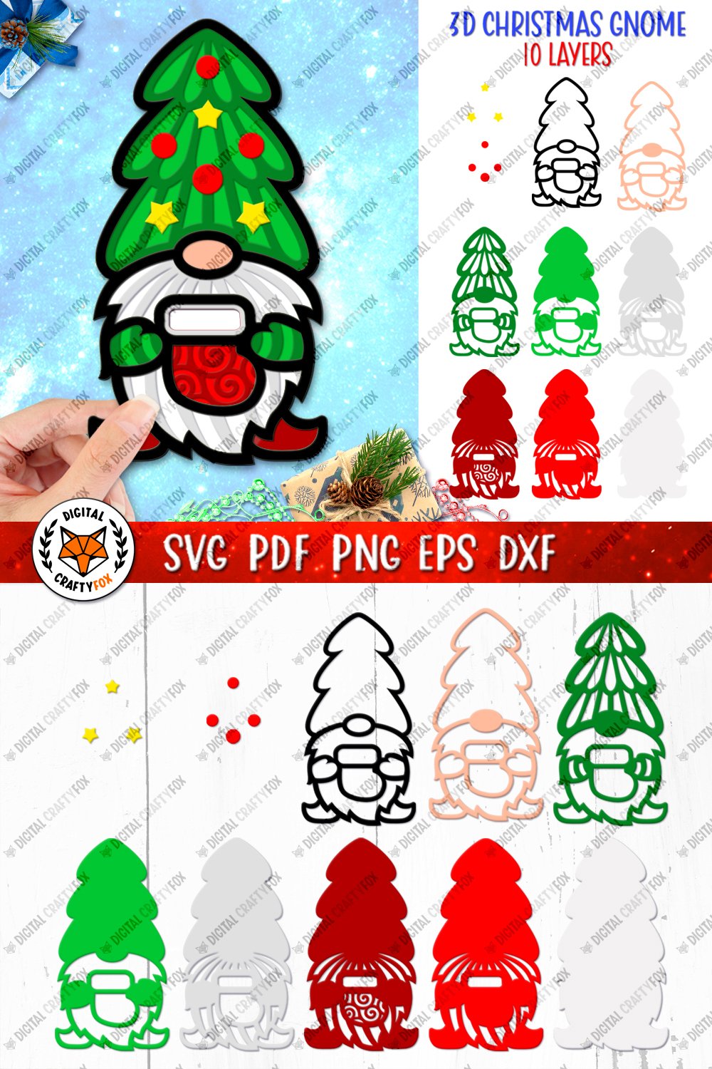 3D Christmas Gnome Paper Cut SVG, Gnome with Santa Sock