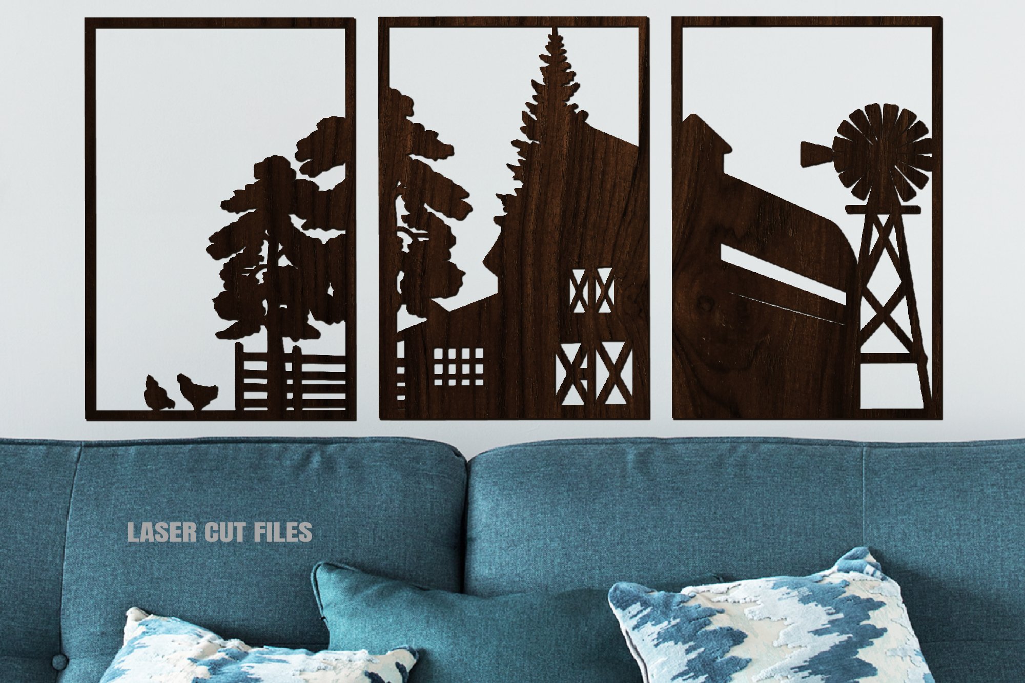 3 Piece Chicken Farmhouse Scene SVG Glowforge Laser Cut File