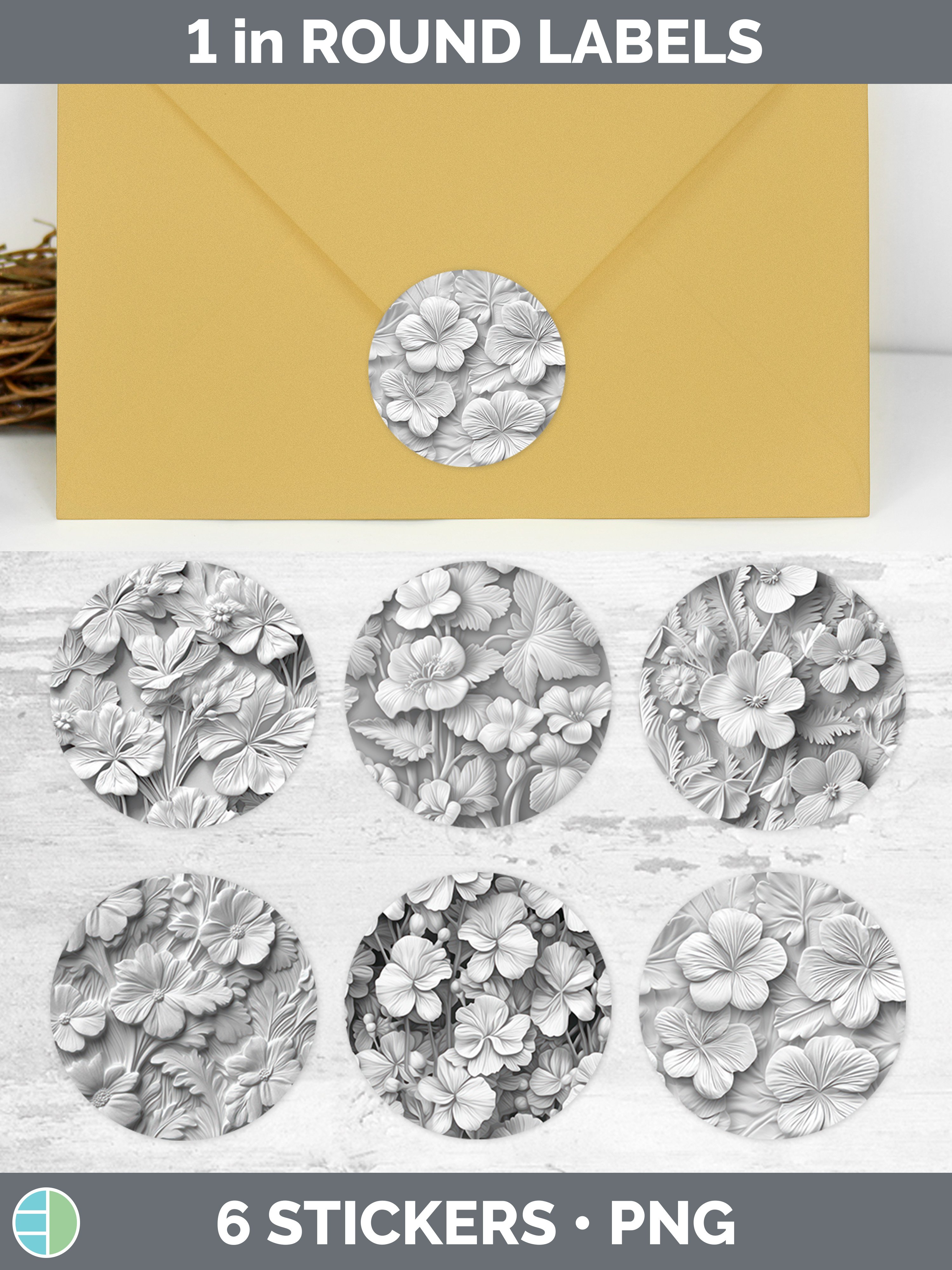 3D White Geranium Flowers Stickers | Round Labels Designs Bu