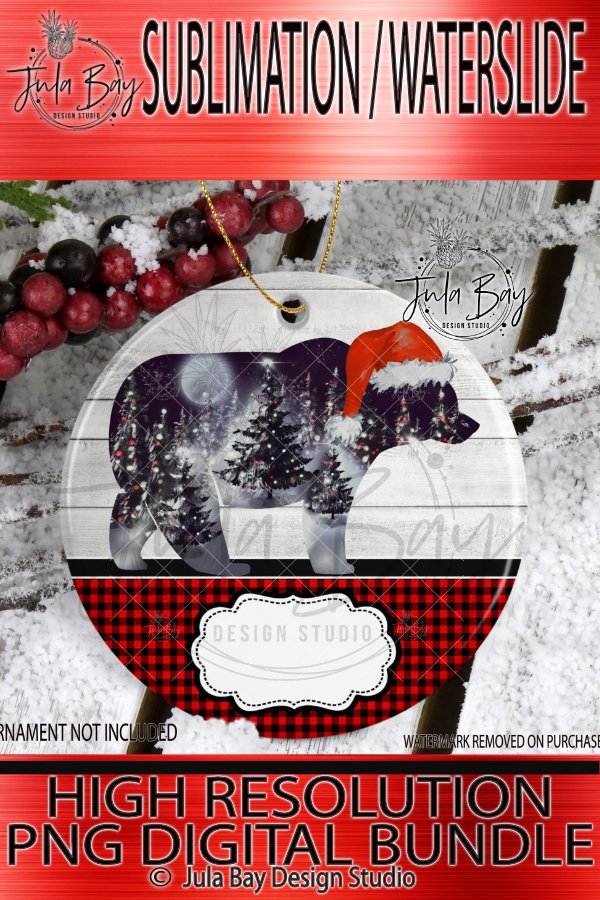 Santa Bear Christmas Round Sublimation Design PNG Ornaments