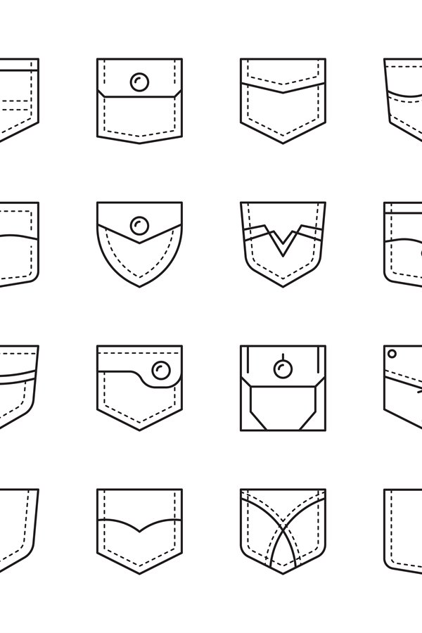 Pocket shapes. Textile sew clothe pockets bag casual style v