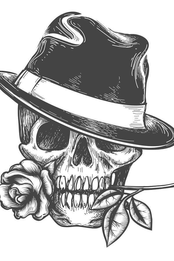 Skull in hat with rose flower