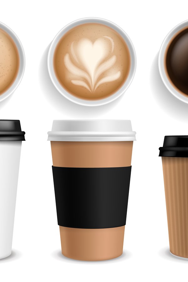 Coffee cup. Takeaway paper cups side and top view espresso a
