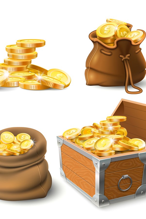 Golden coins stacks. Coin in old sack, large gold pile and c