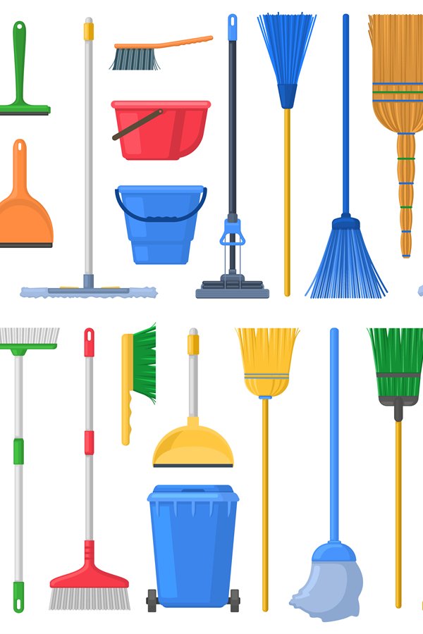 Household cleaning mops, broom, sweeps, scoops and plastic b