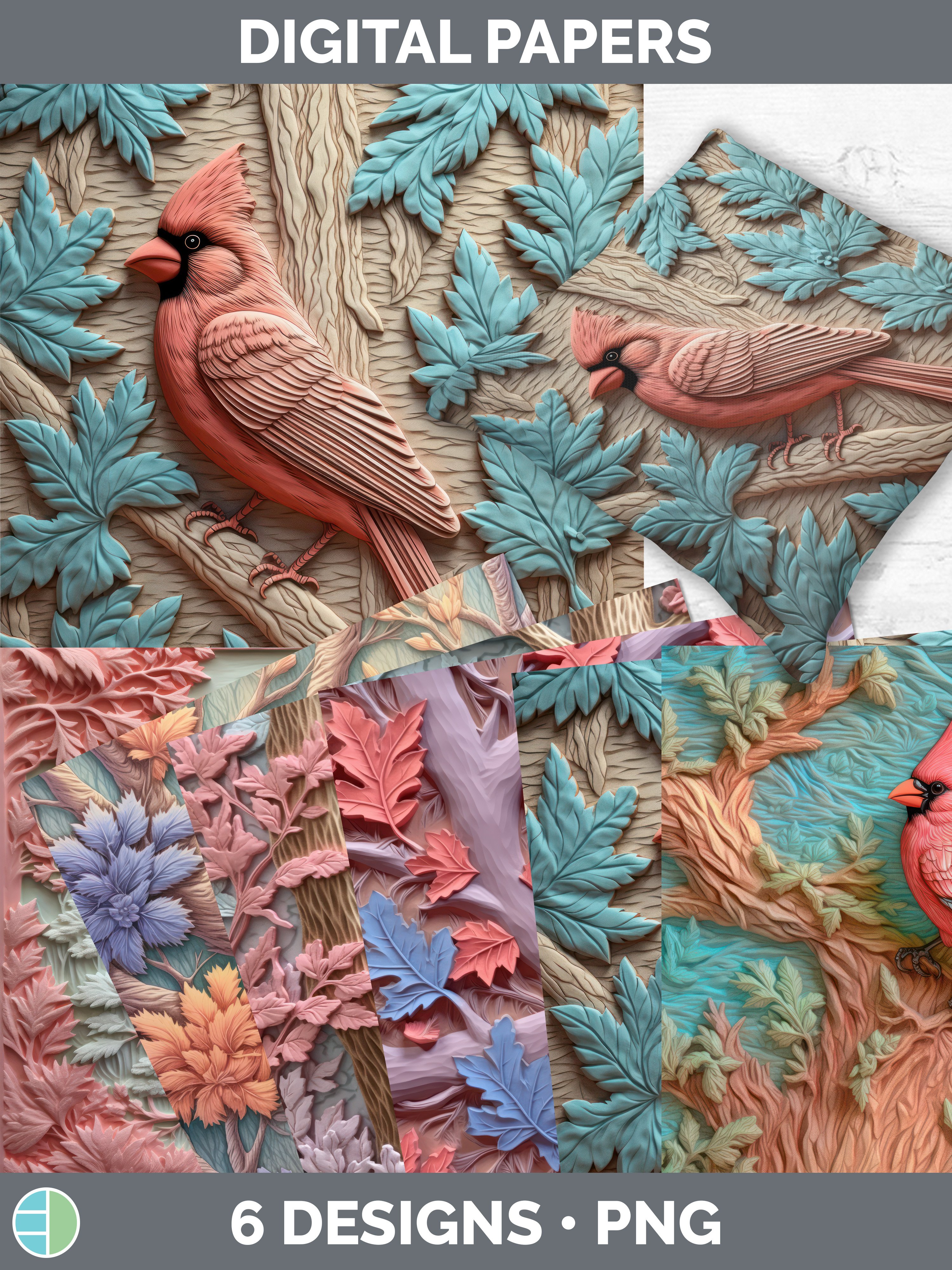 3D Cardinal Bird Paper Backgrounds | Digital Scrapbook Paper