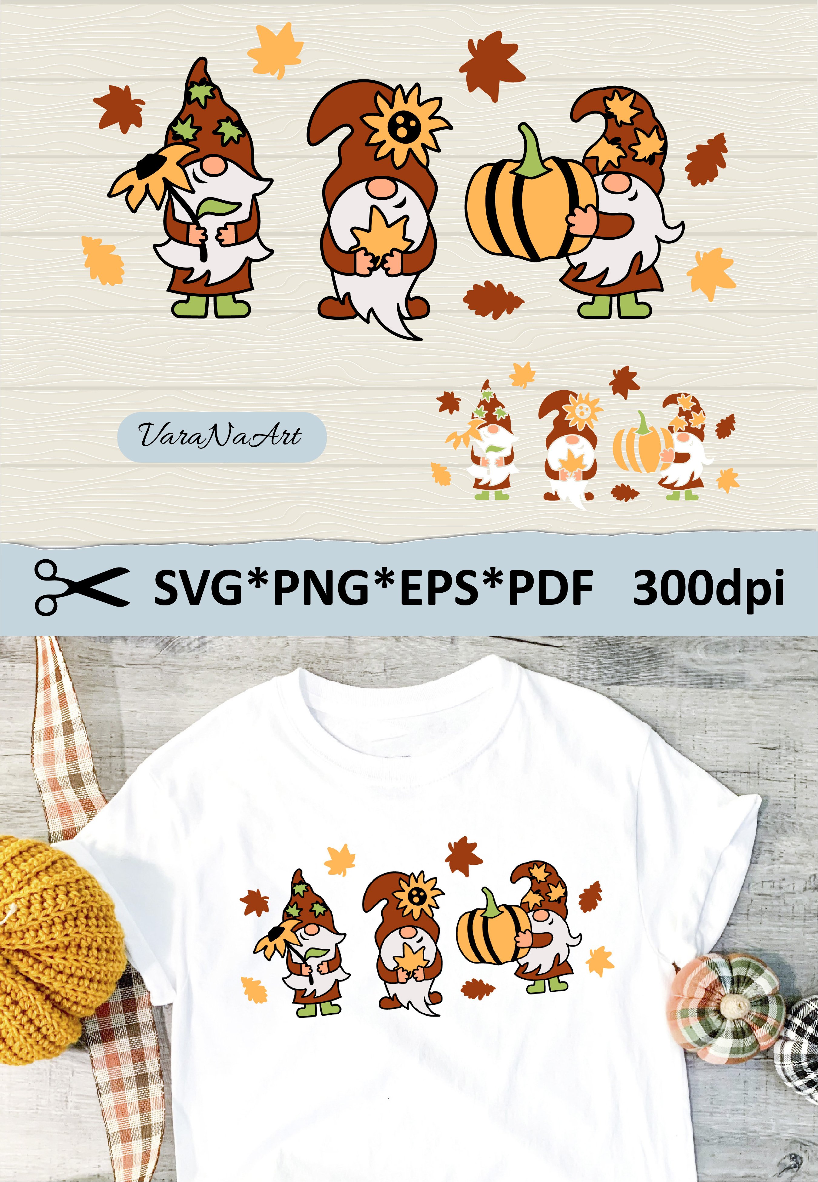 Three fall gnomes with pumpkin, sunflower and autumn leaves.