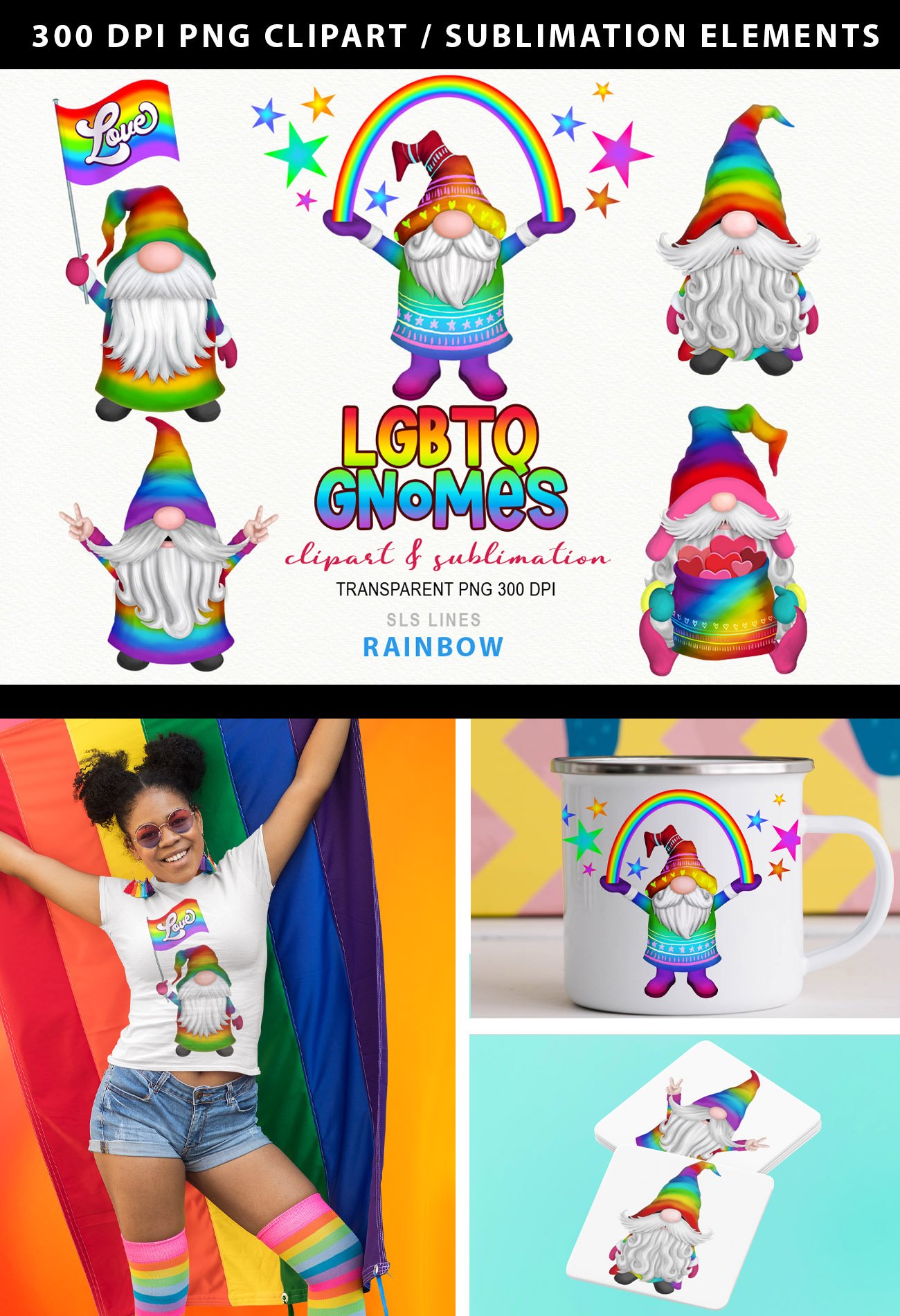 Pride Day Gnome Clipart - LGBT Rainbow Gnomes PNG
