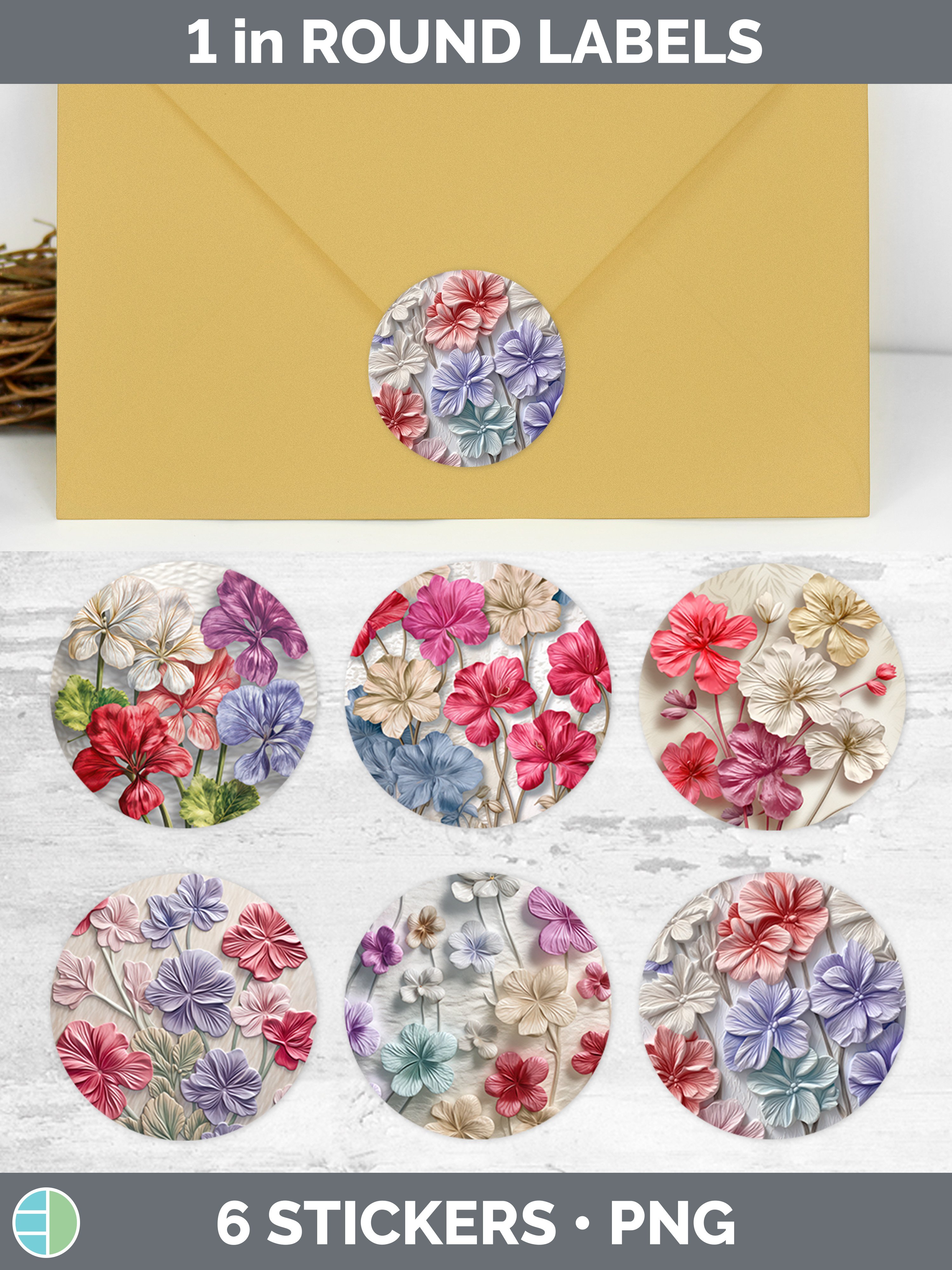 3D Geranium Flowers Stickers | Round Labels Designs Bundle