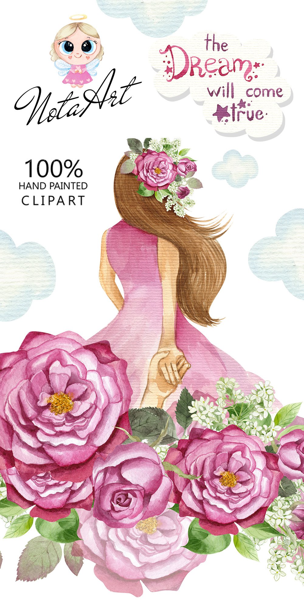 Watercolor illustration of a girl in pink with flowers