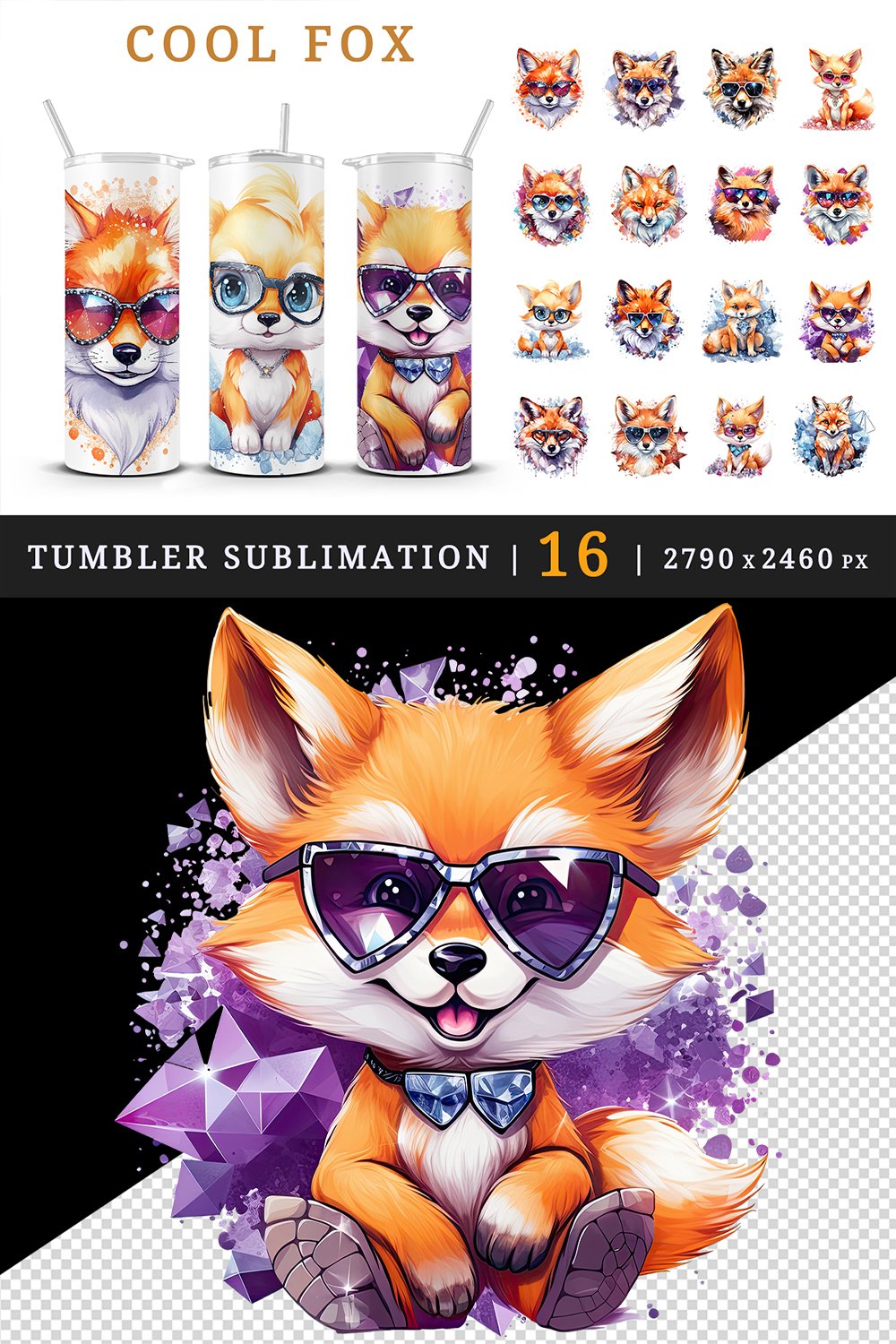 Cute cool fox 20 oz tumbler wrap sublimation designs bundle