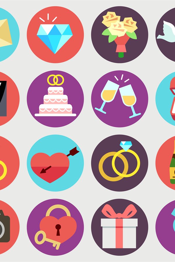 Wedding marriage bridal vector flat icons set