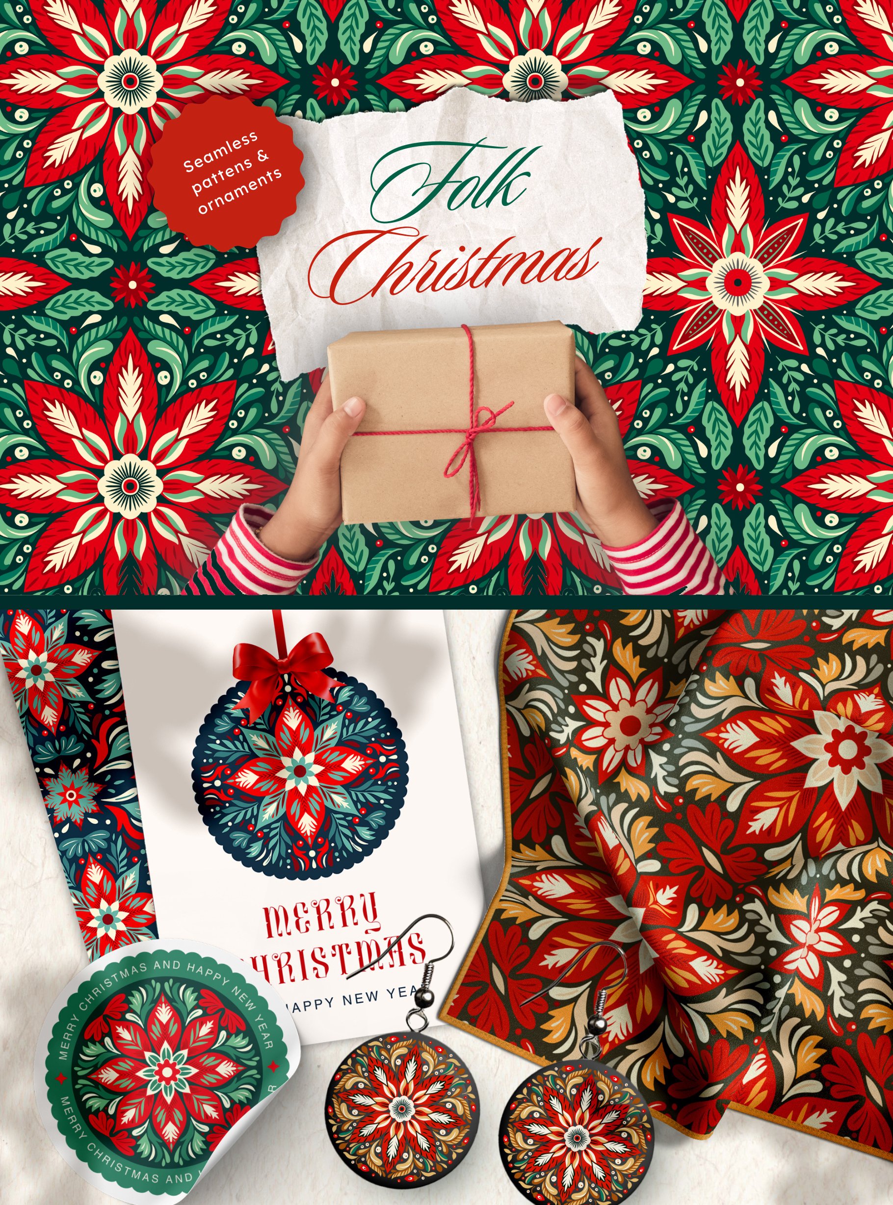 Folk Christmas Pattern and Ornaments