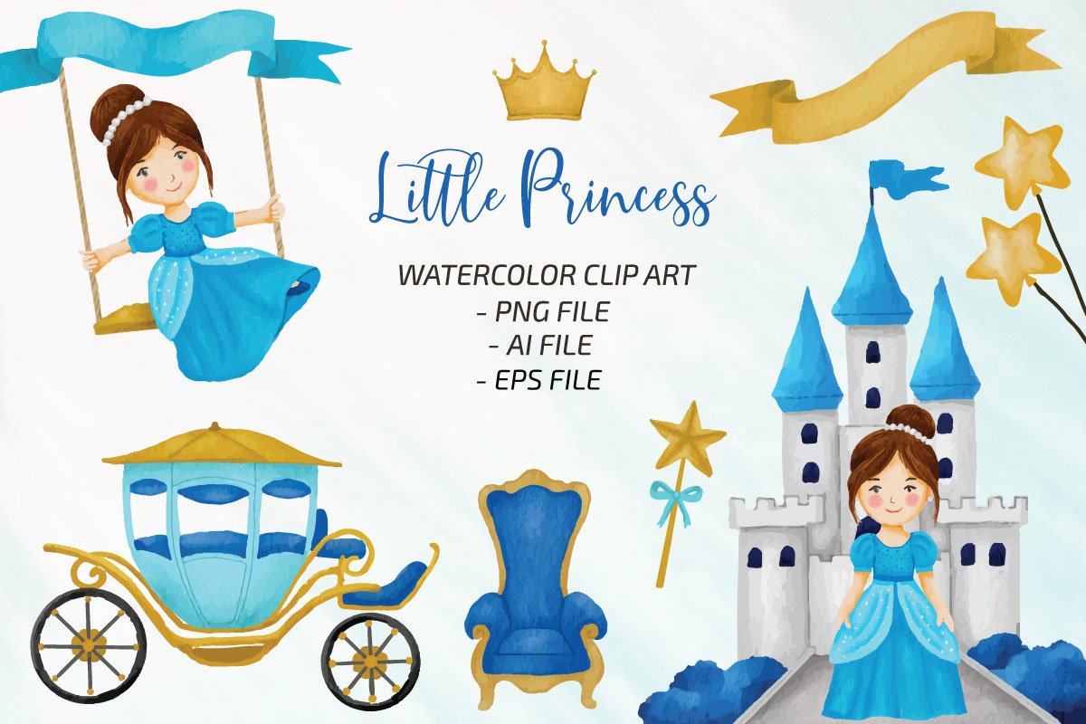 Little Princess Watercolor Clipart Set blue PNG