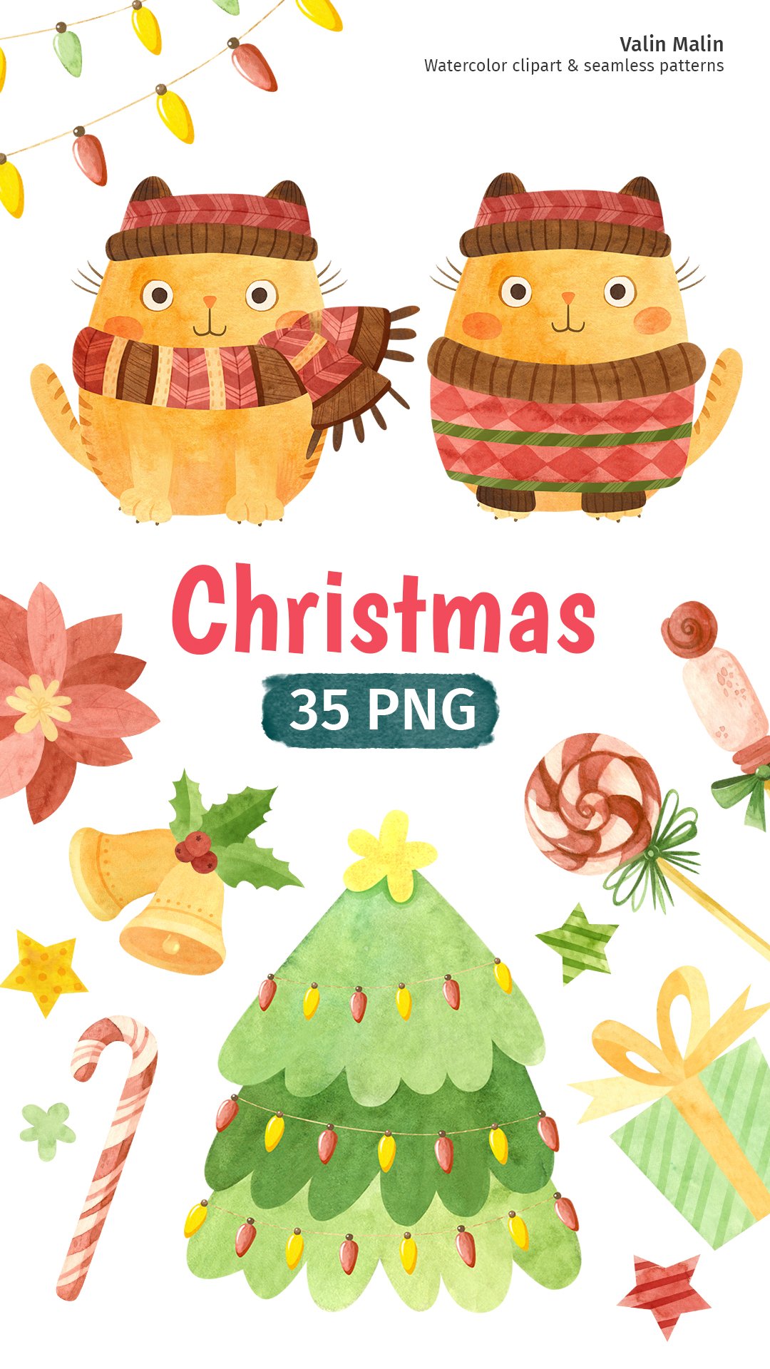 Christmas Cats Watercolor PNG Clipart