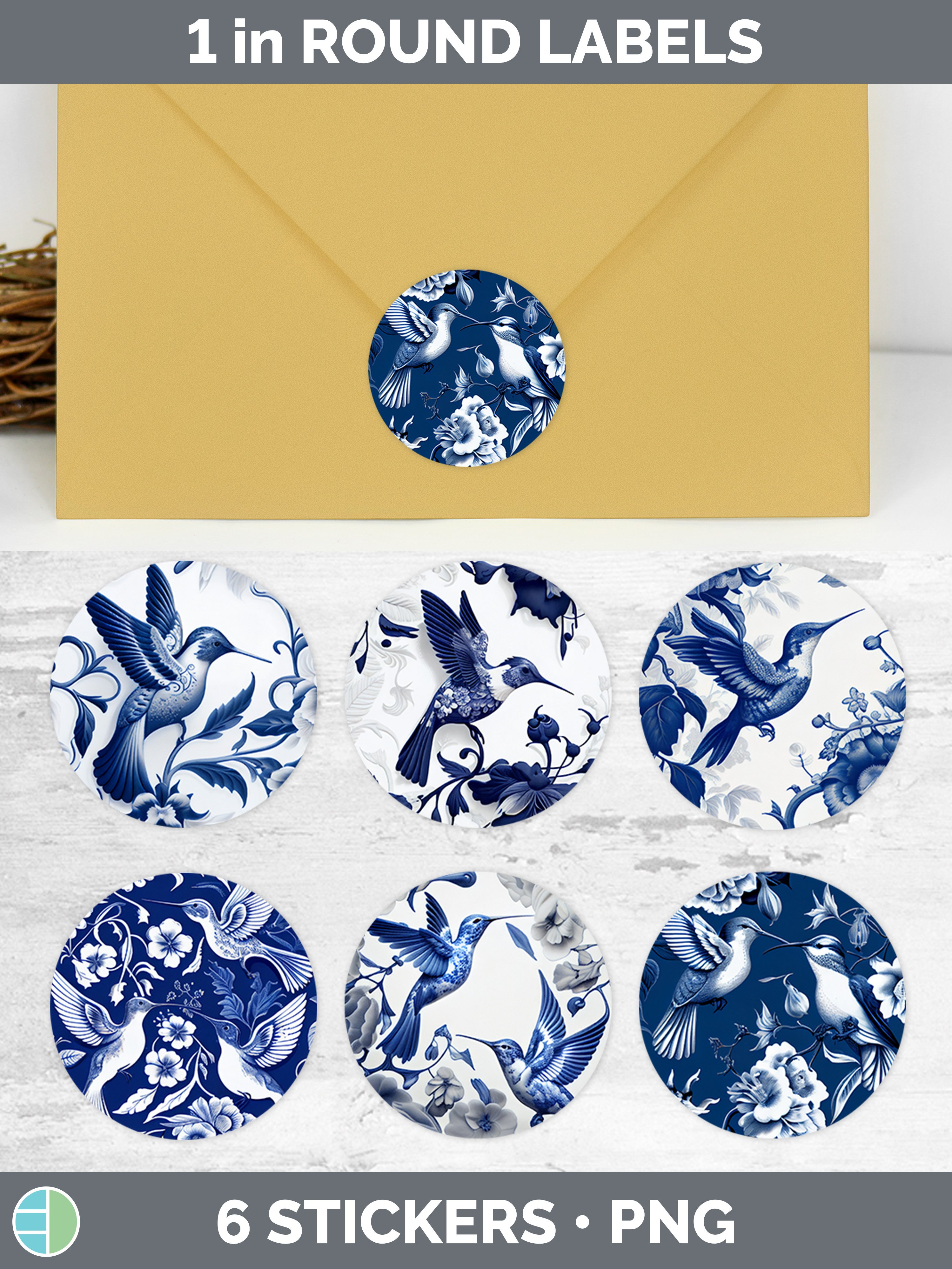 Blue and White Hummingbird Bird Stickers | Round Labels Desi