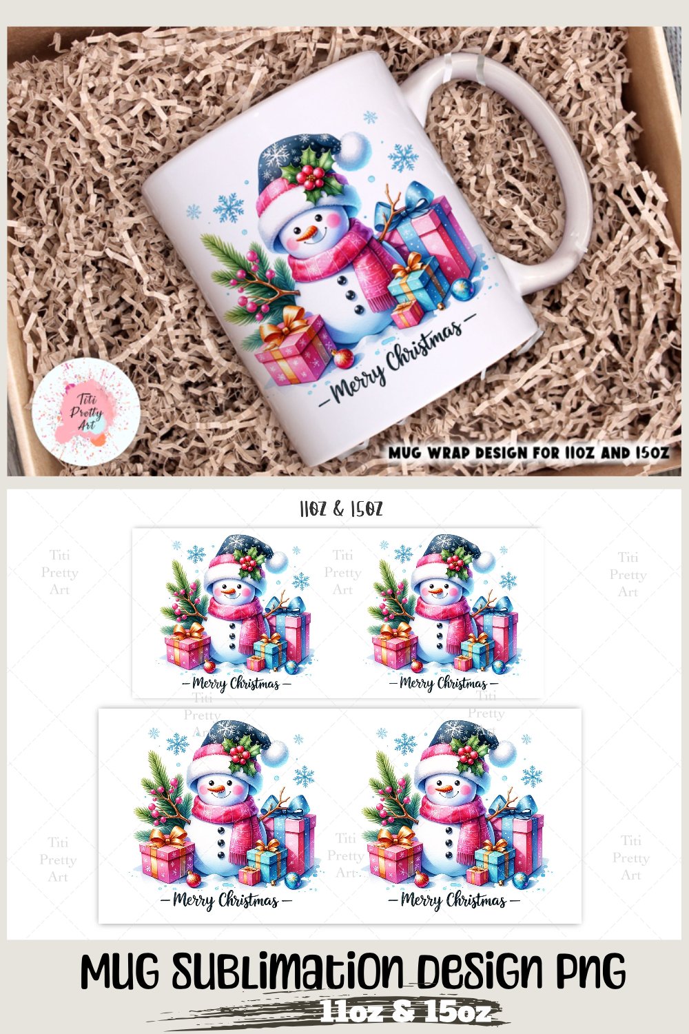 Merry Christmas Snowman Mug Wrap For 11 oz and 15 oz