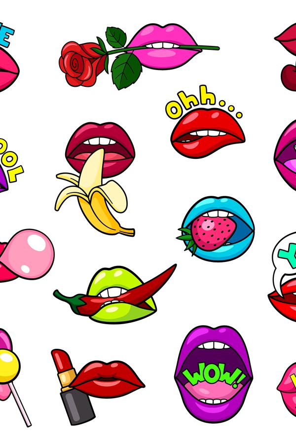 Lips stickers. Comic patch, girl kiss badges. Pink rose elem