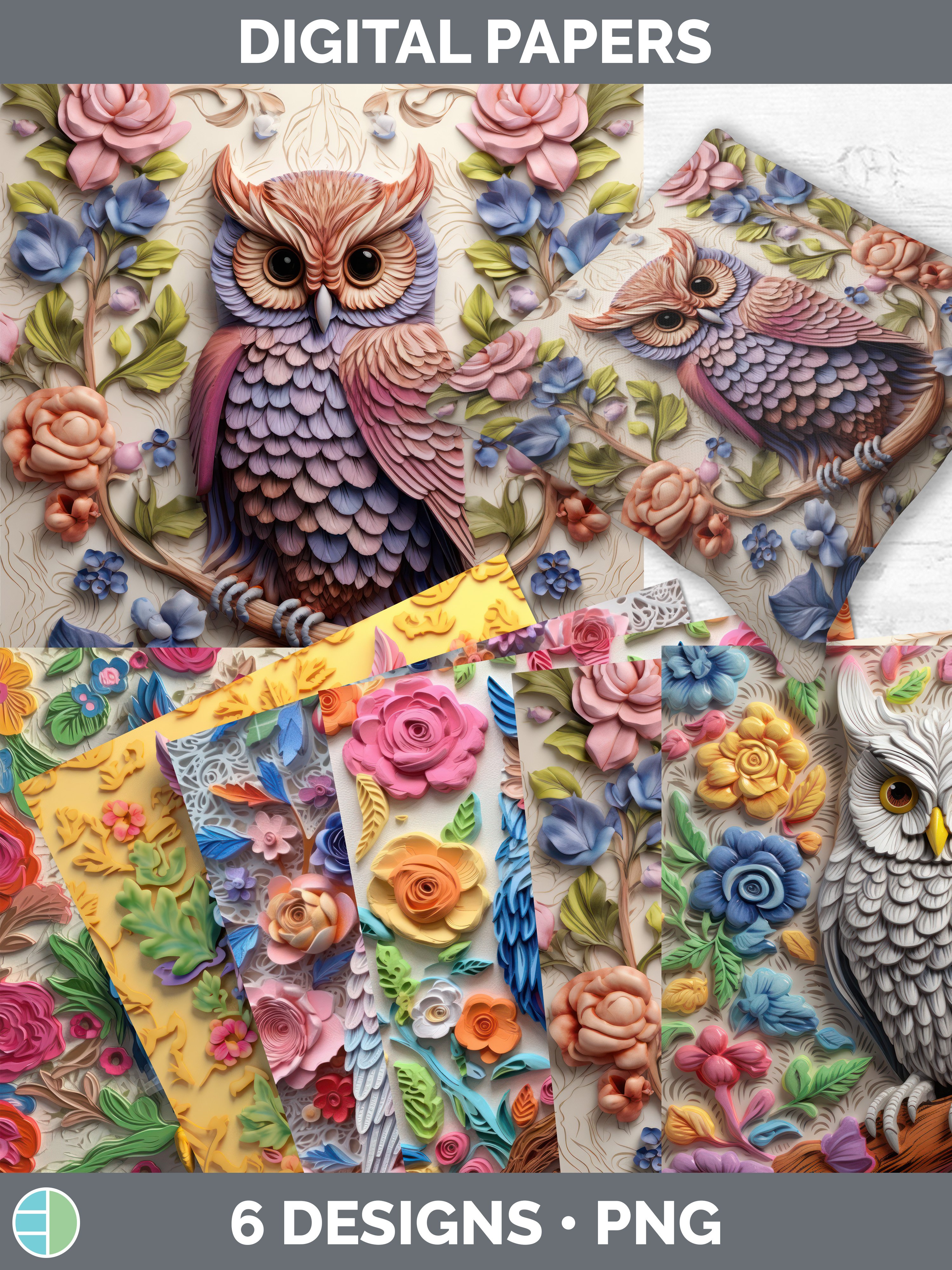 3D Owl Bird Paper Backgrounds | Digital Scrapbook Papers Des