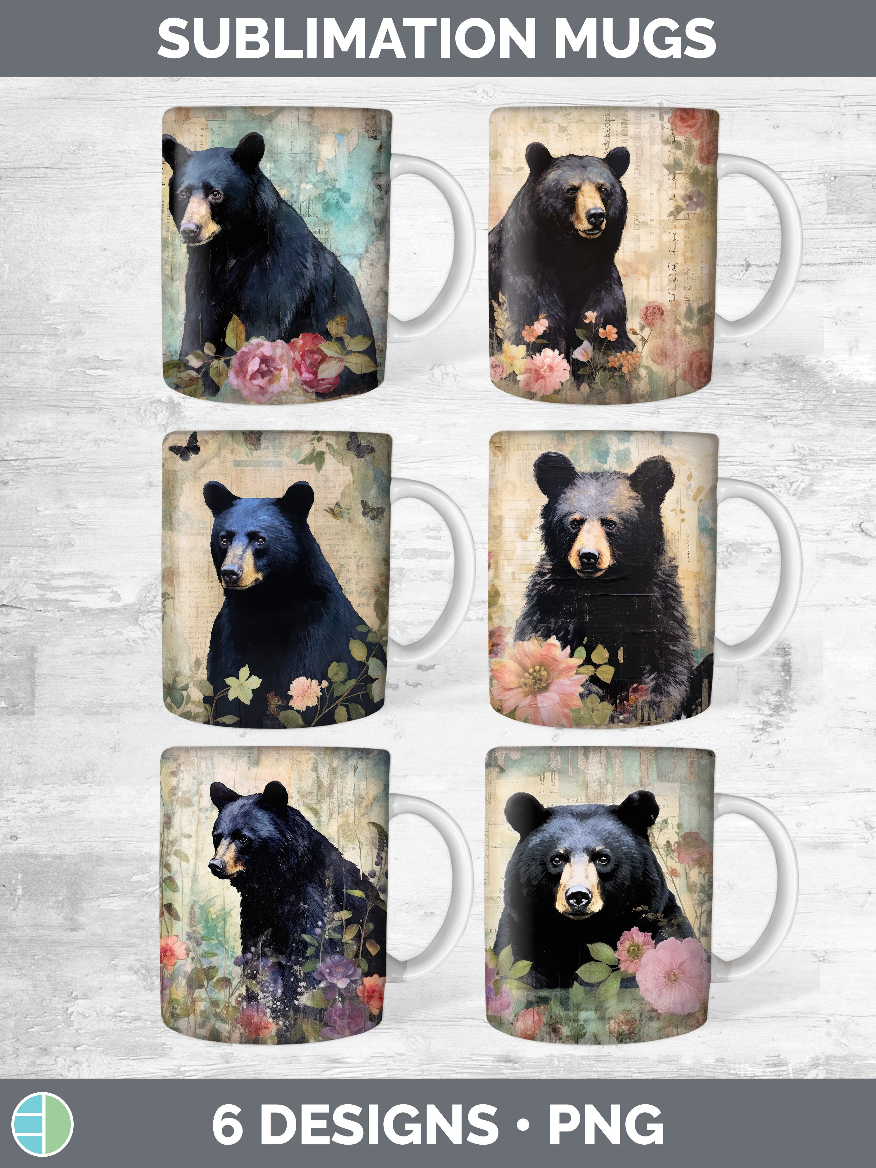 Vintage Black Bear Mug Wrap | Sublimation Coffee Cup Designs