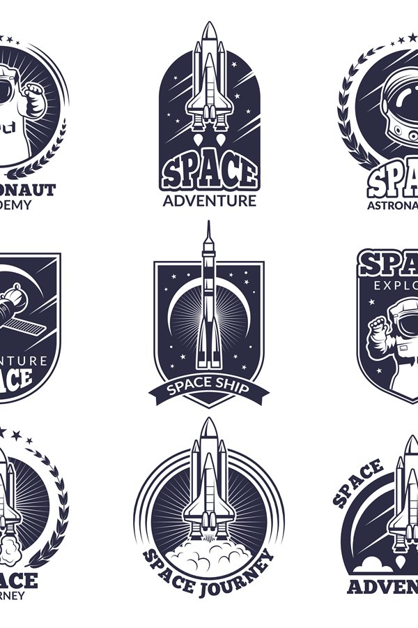 Monochrome labels for astronauts. Vector badges templates wi