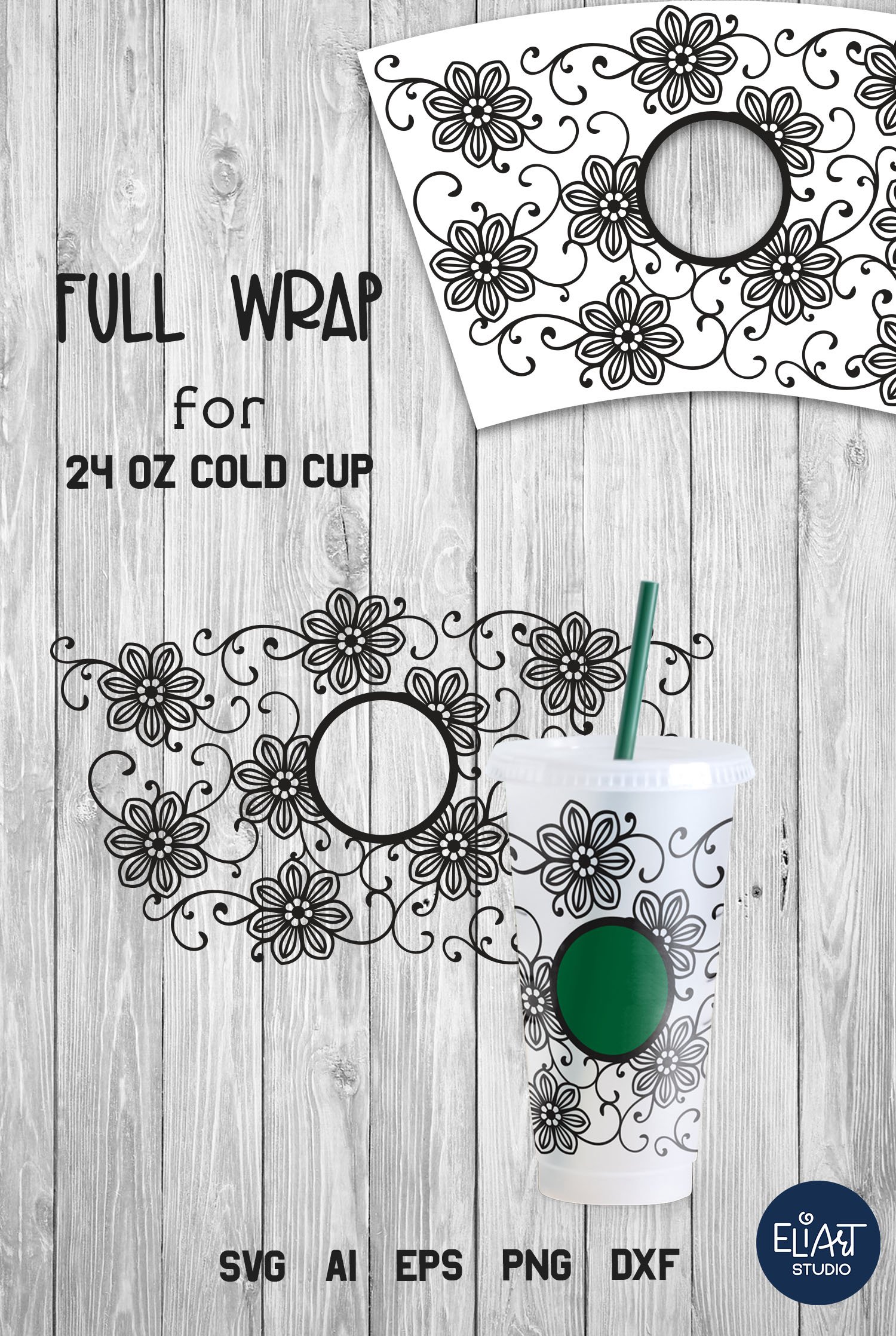 Cold Cup Wrap SVG | Floral SVG | Full Wrap SVG with Hole