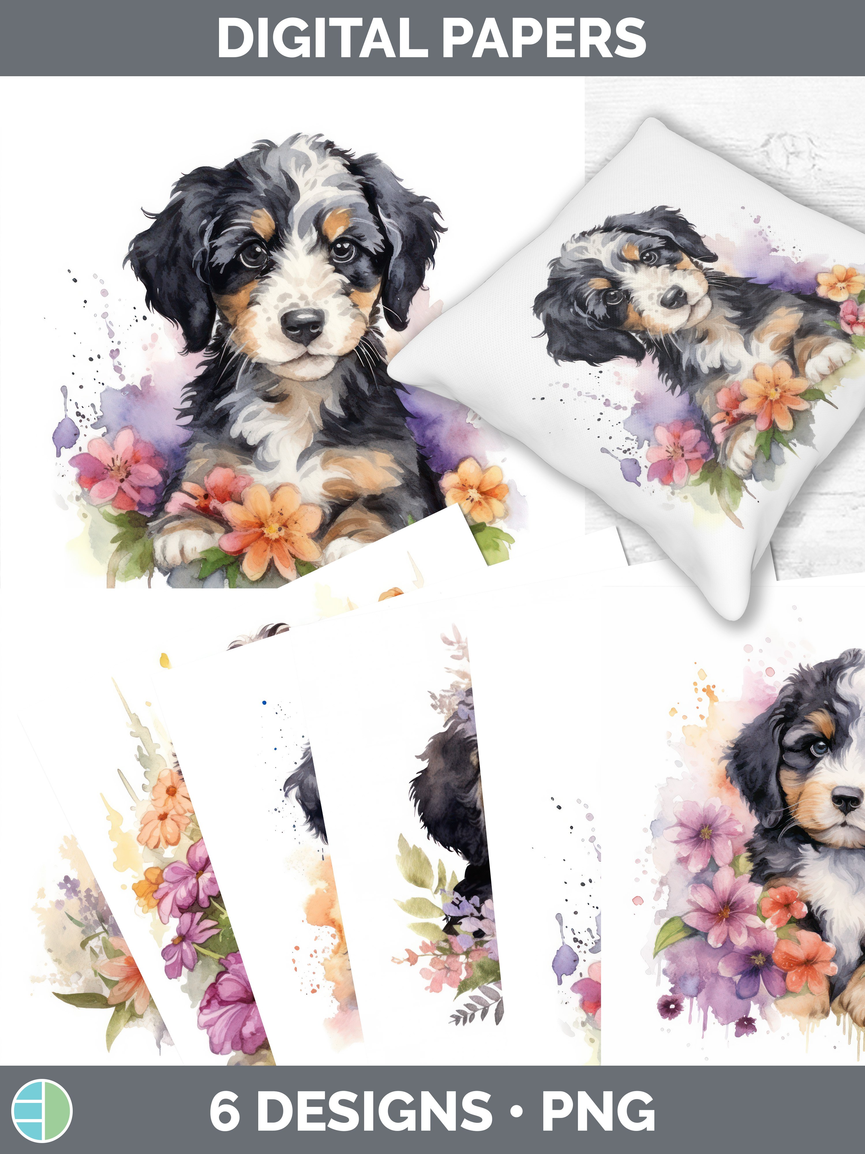 Watercolor Bernedoodle Dog Paper Backgrounds | Digital Scrap
