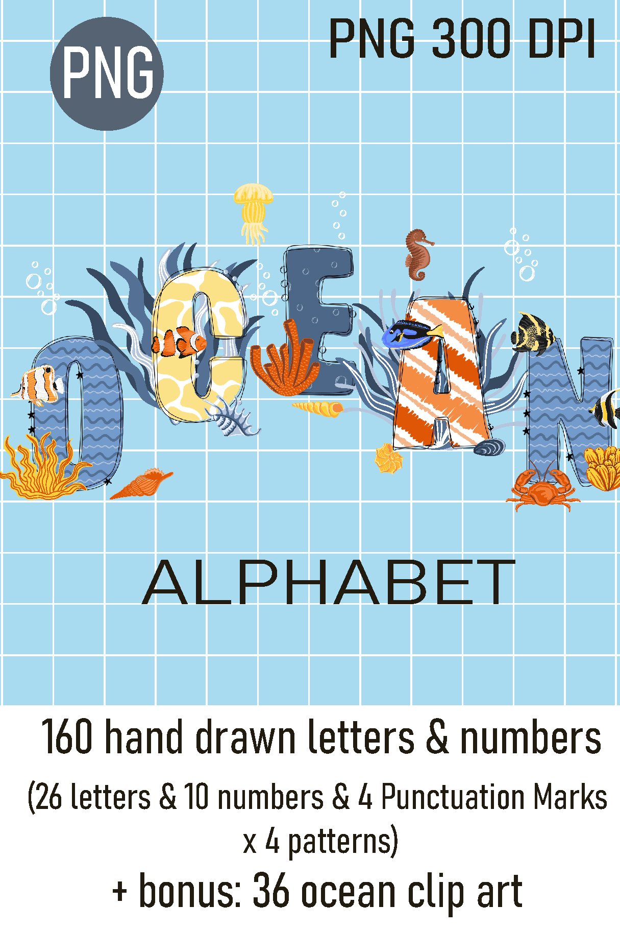 Ocean Alphabet & Numbers Sublimation PNG Bundle with clipart