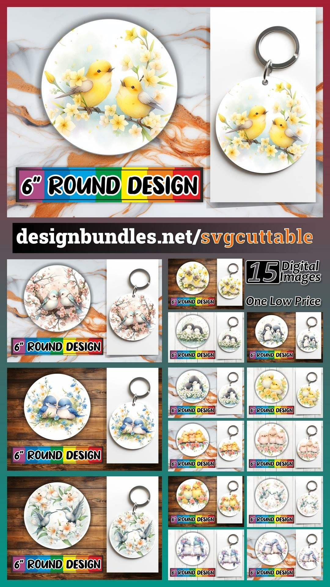 15x Glowing Bird Circle Design Bundle PNG, Round & Keychain