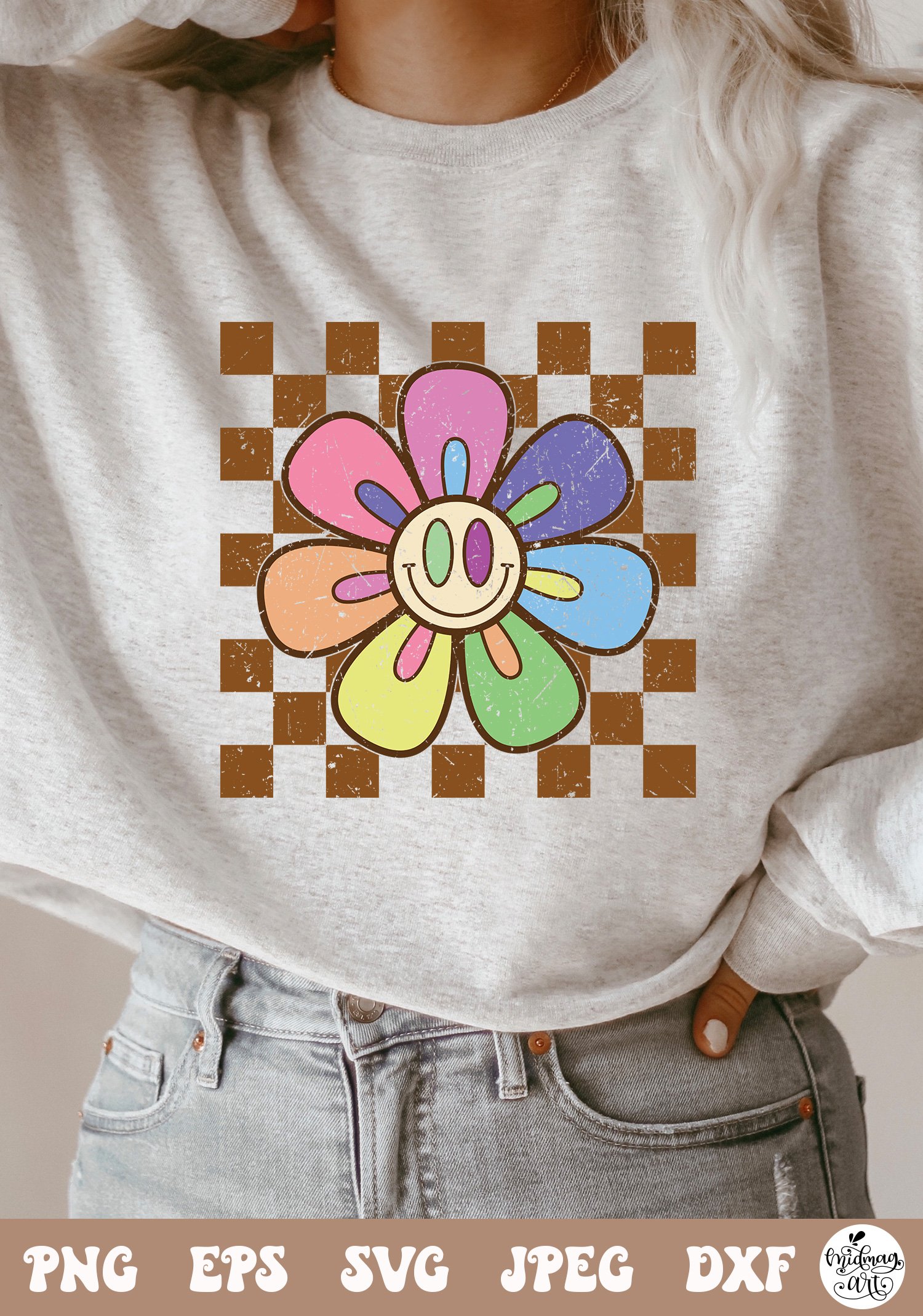 Retro checkered daisy svg png distressed sublimation