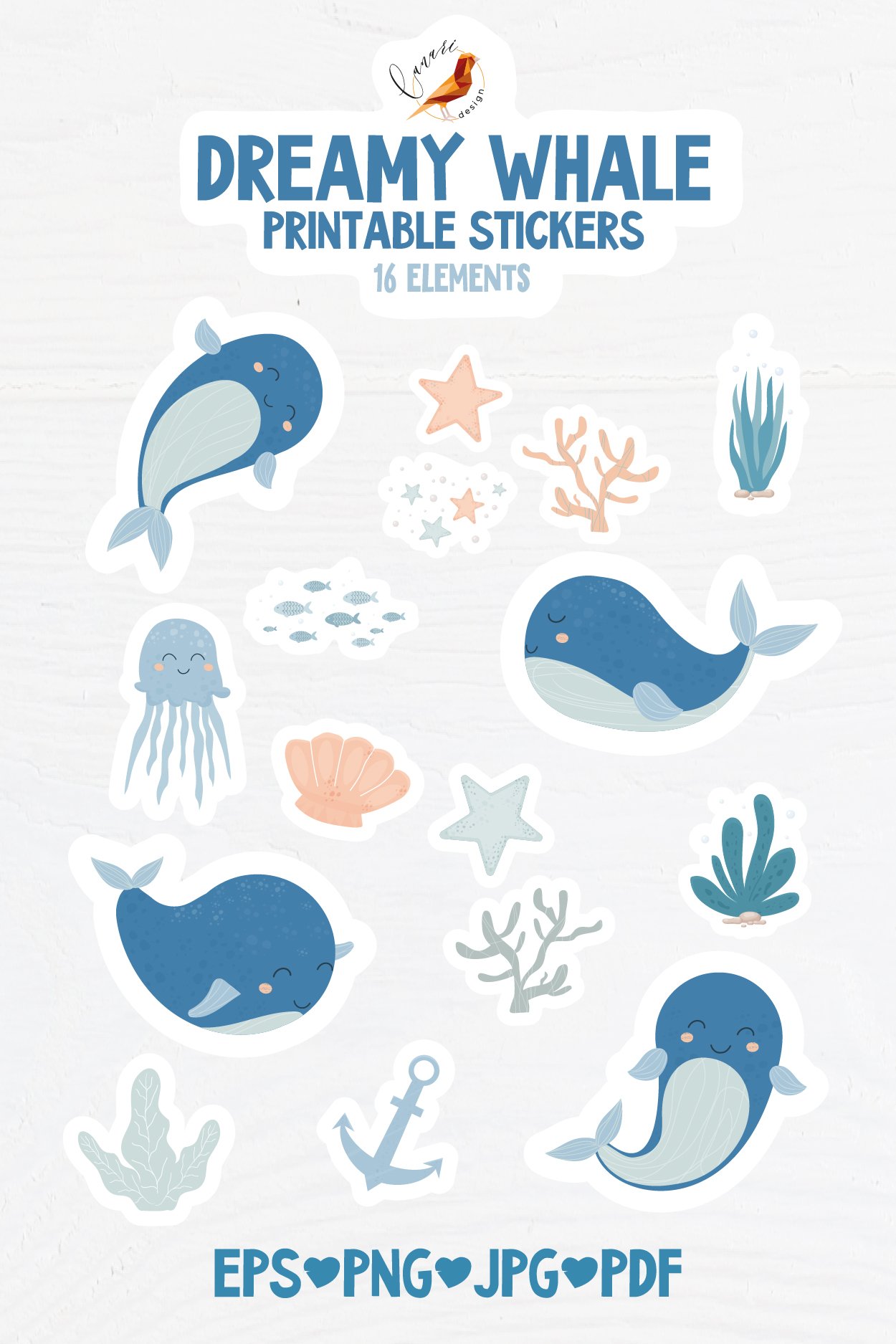Dreamy Whale Colection Printable stickers PDF PNG
