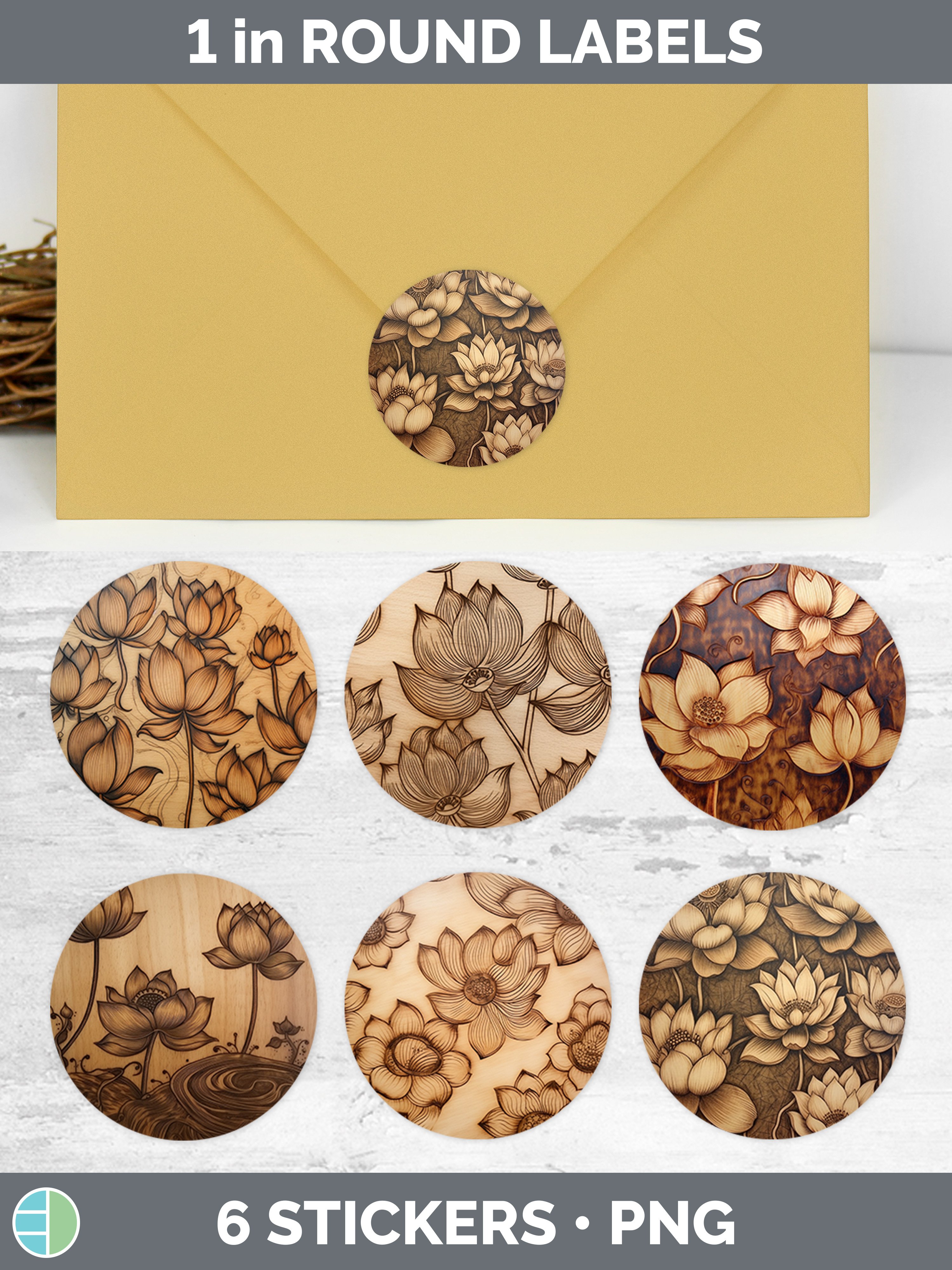Lotus Label Wood Burned Lotus Flowers Stickers | Round Labels Designs Bu