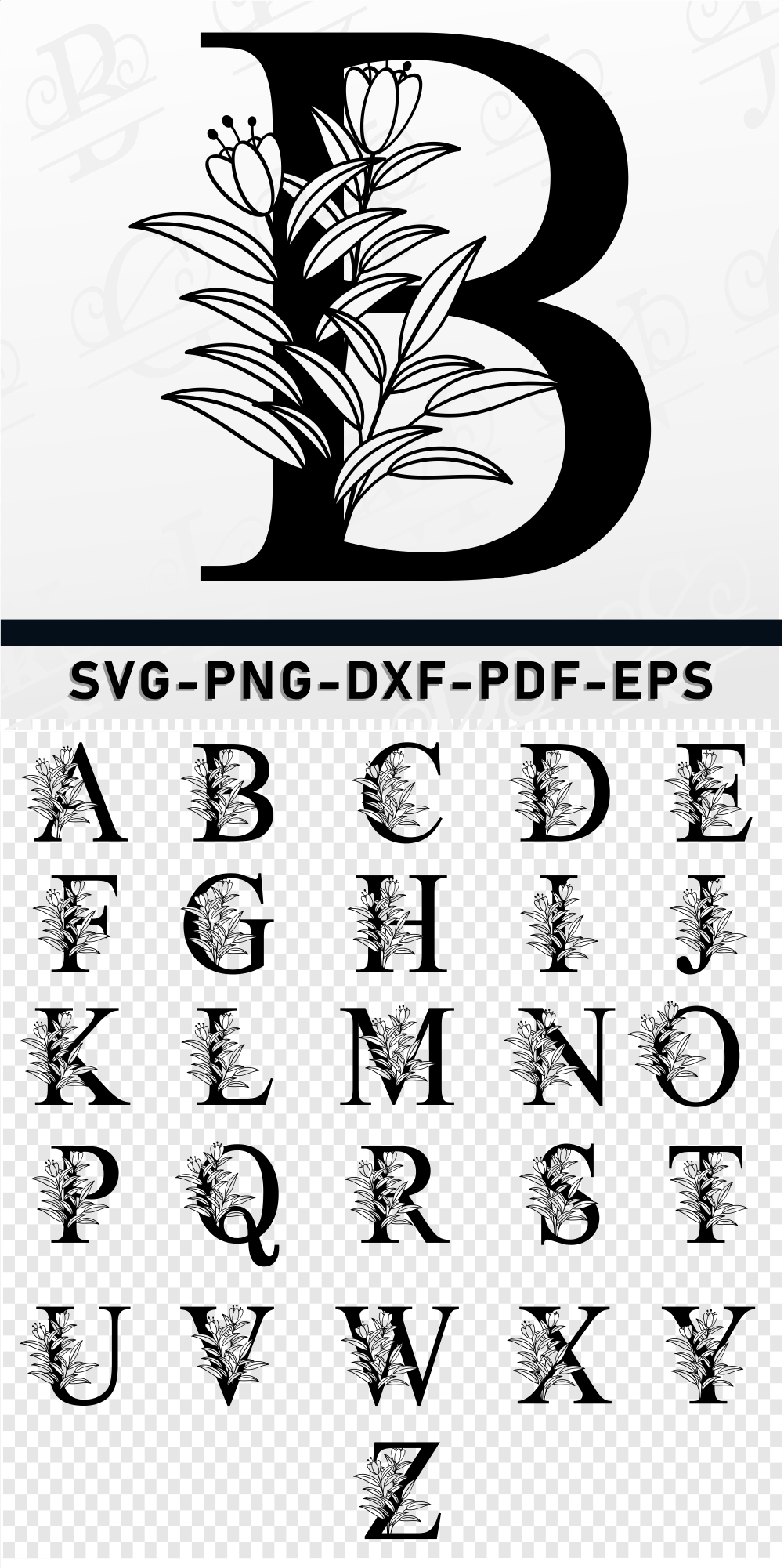 Monogram Floral Alphabet Font Letters SVG Laser Cut