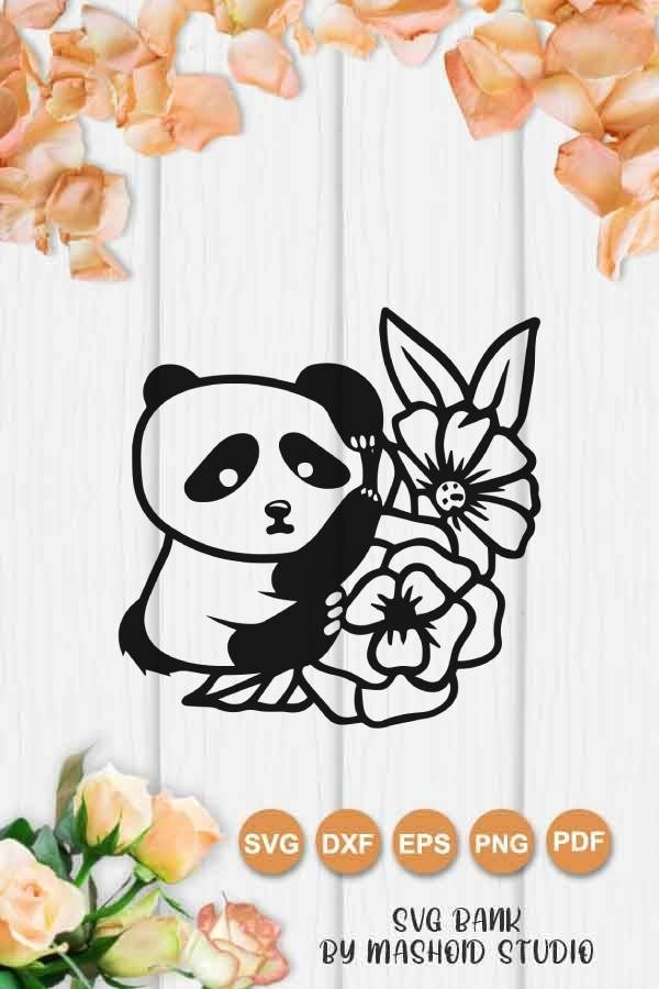 Floral Panda SVG, Panda With Flower SVG, Sitting panda svg