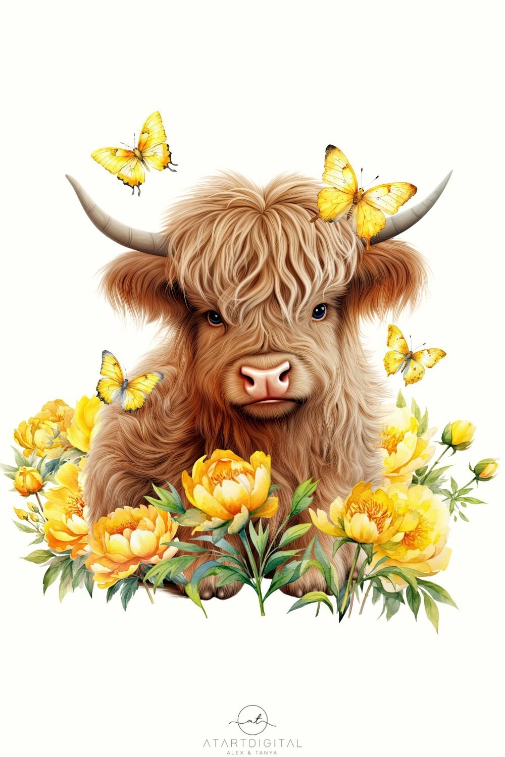 Little Cow With Peonies, Highland Cow Printable Art