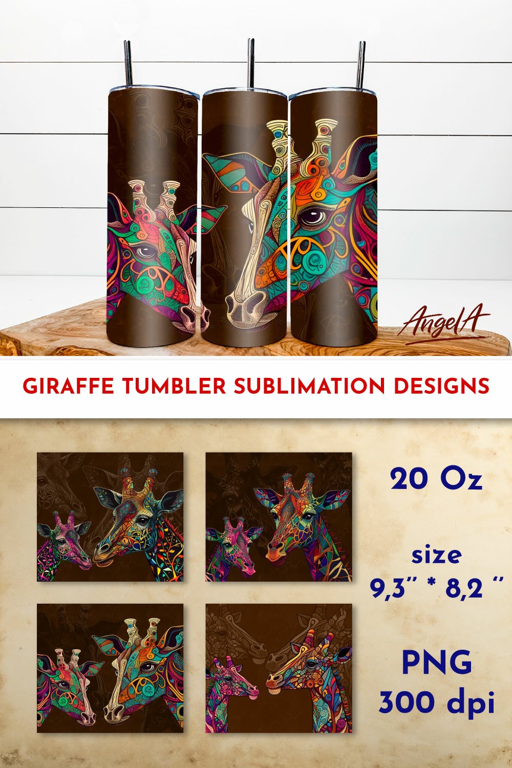 4 giraffe tumbler wraps. Ethnic style