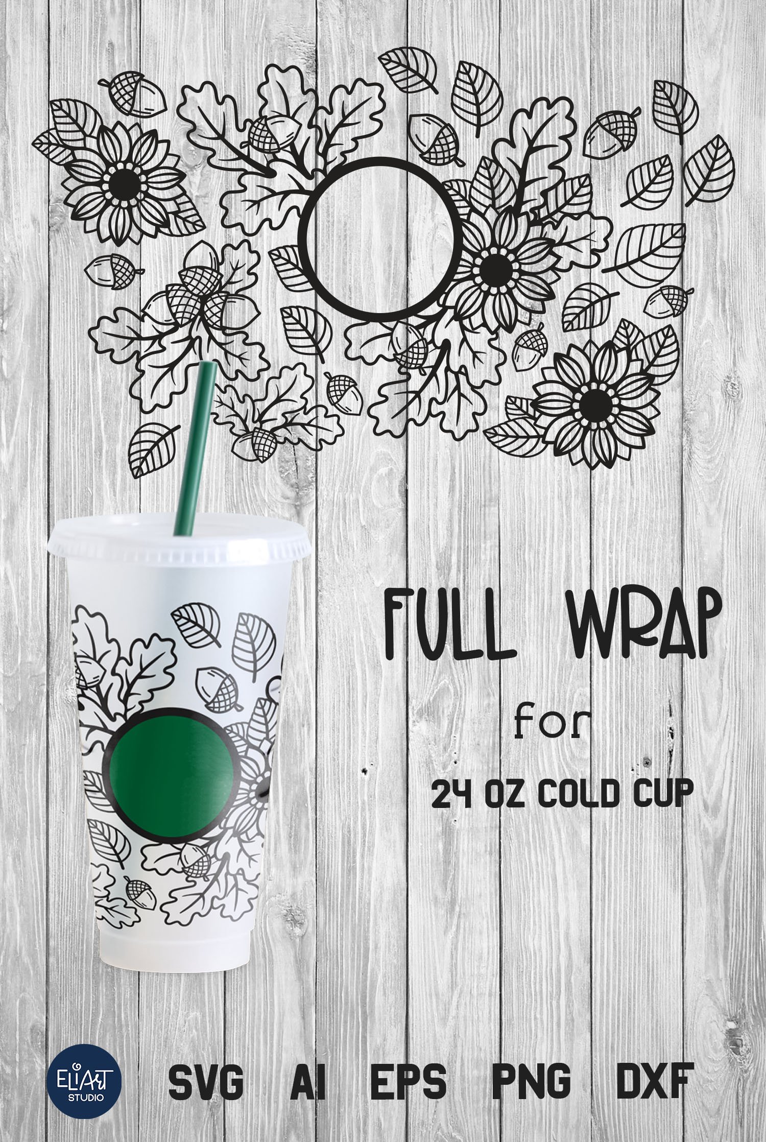 Cold Cup Wrap SVG | Sunflower SVG | Oak Leaf SVG Cup Wrap
