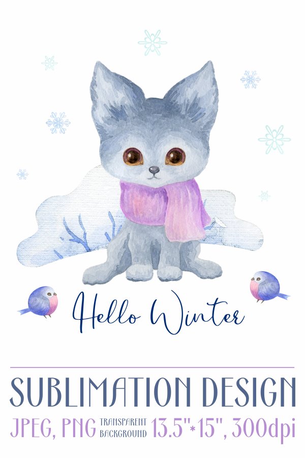 Hello Winter. Watercolor design with baby wolf