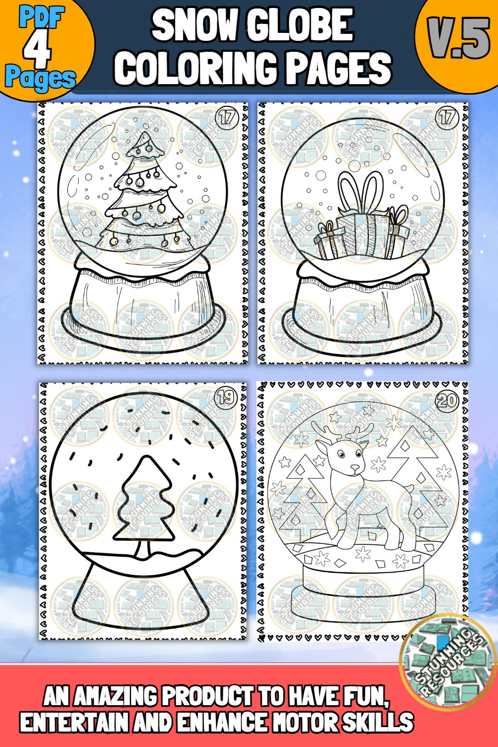 Snow Globe Coloring Pages, PDF 4 Pages V.5