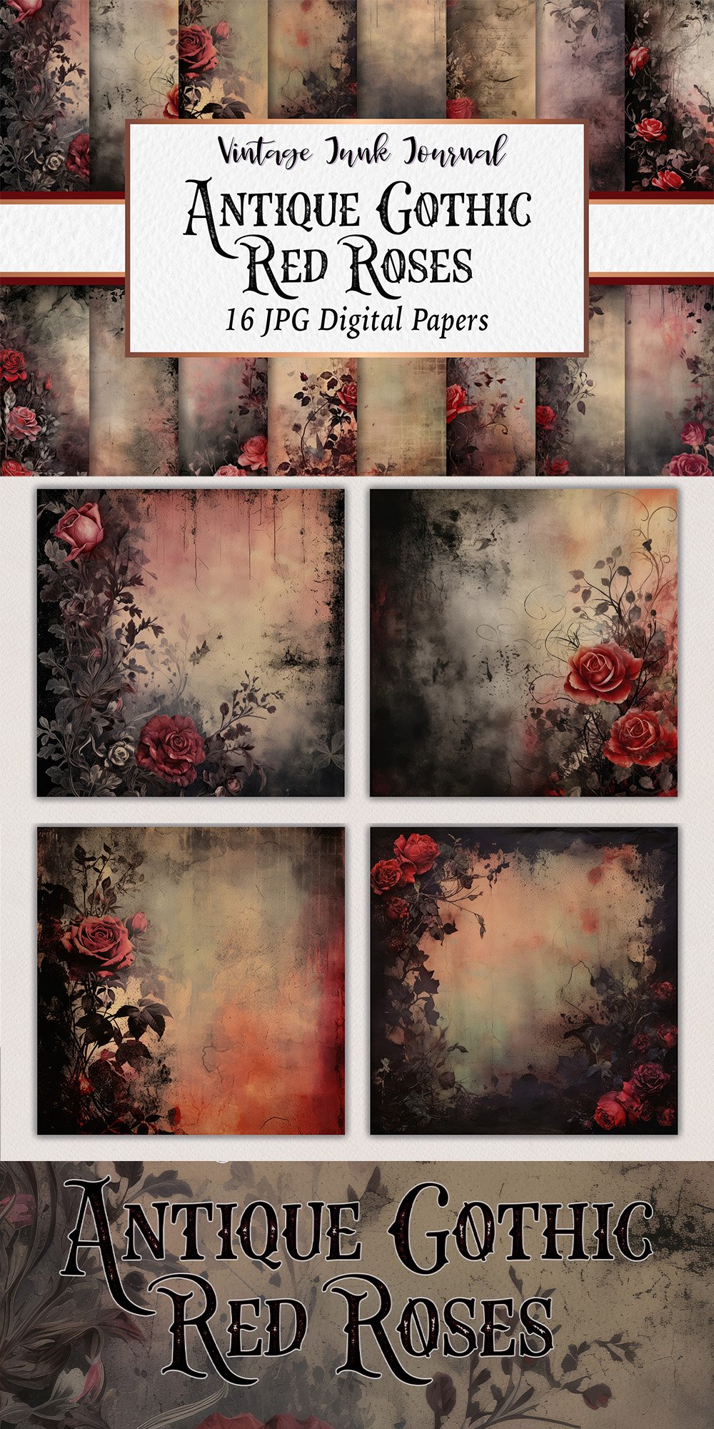 Vintage Gothic Red Roses Dark Background Digital Papers
