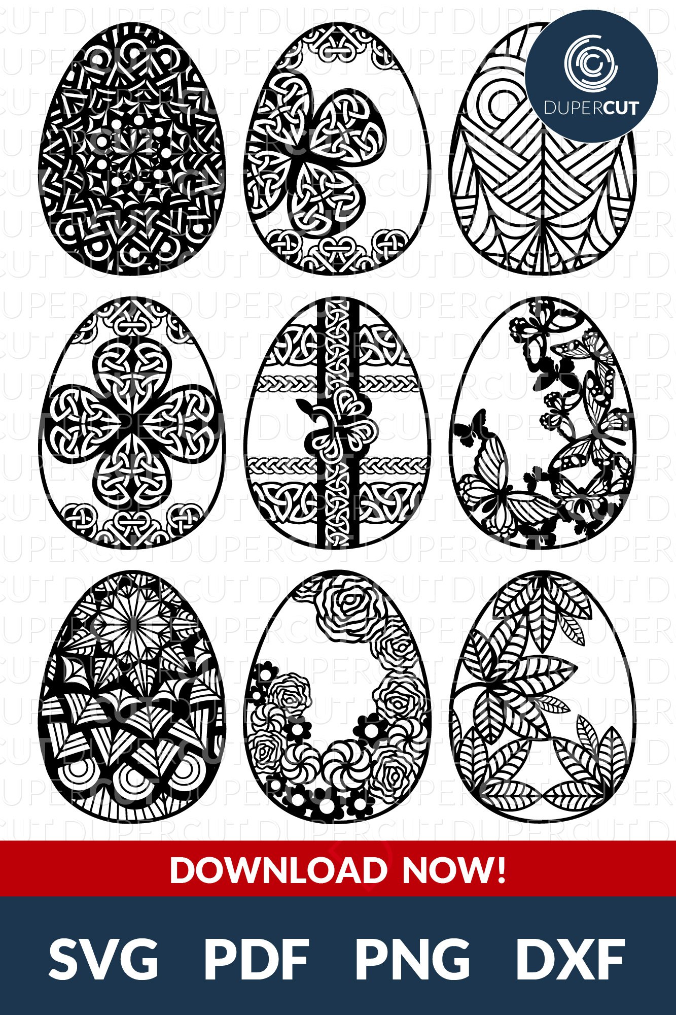 SVG / PNG / DXF Set of 9 Easter Eggs, Cutting Files