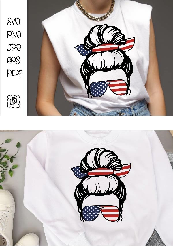Patriotic Messy Bun SVG for Cutting Machines