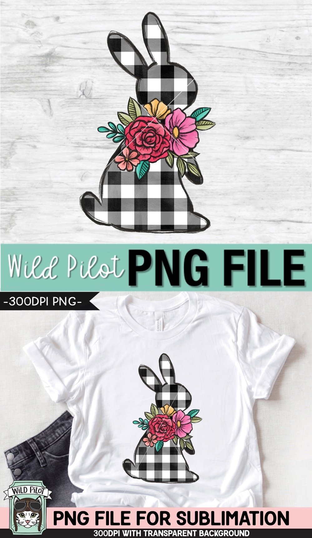 Easter Bunny Sublimation PNG, Floral Plaid Bunny PNG File